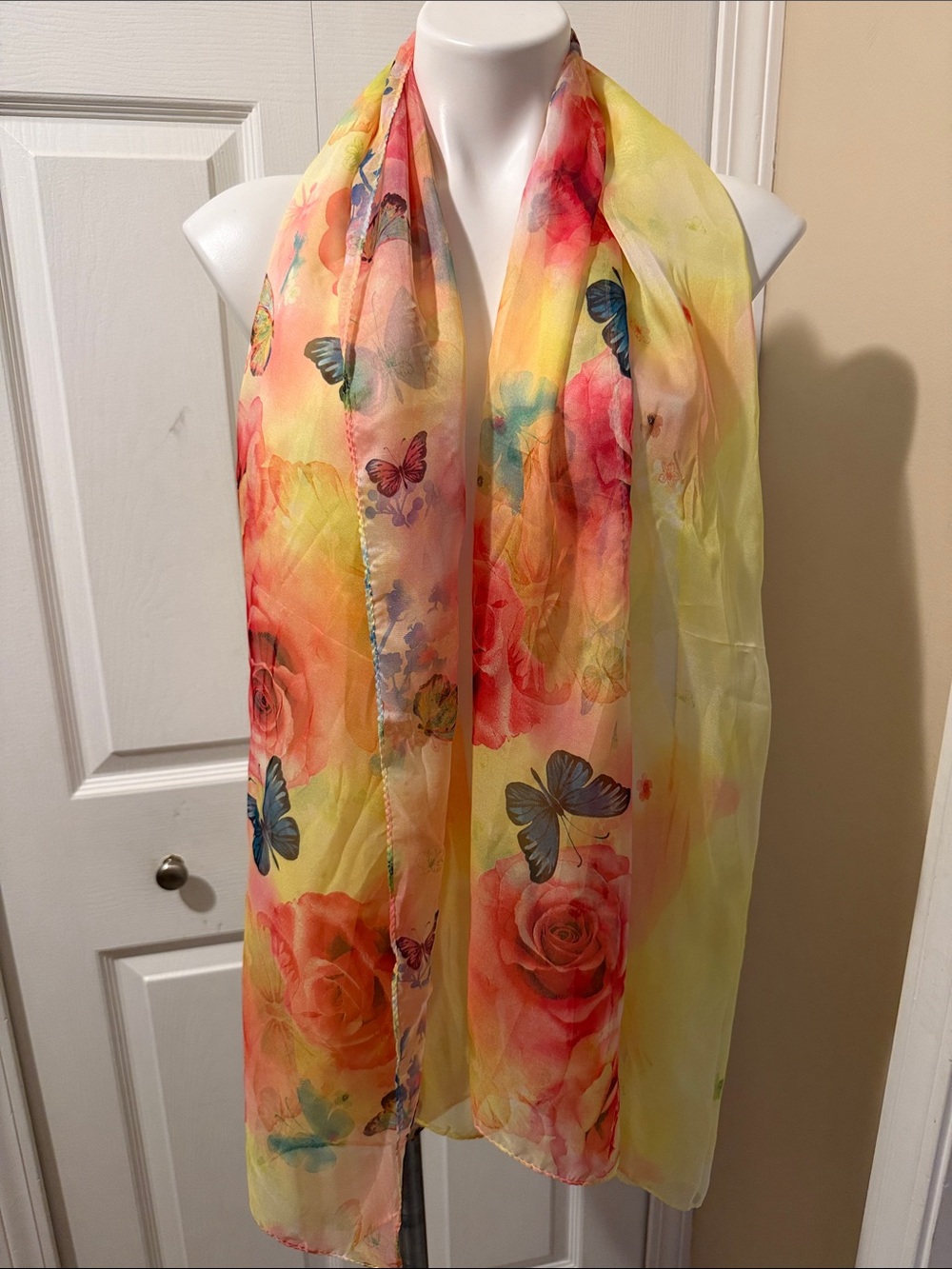 Yellow Silk Floral & Butterfly Print Scarf